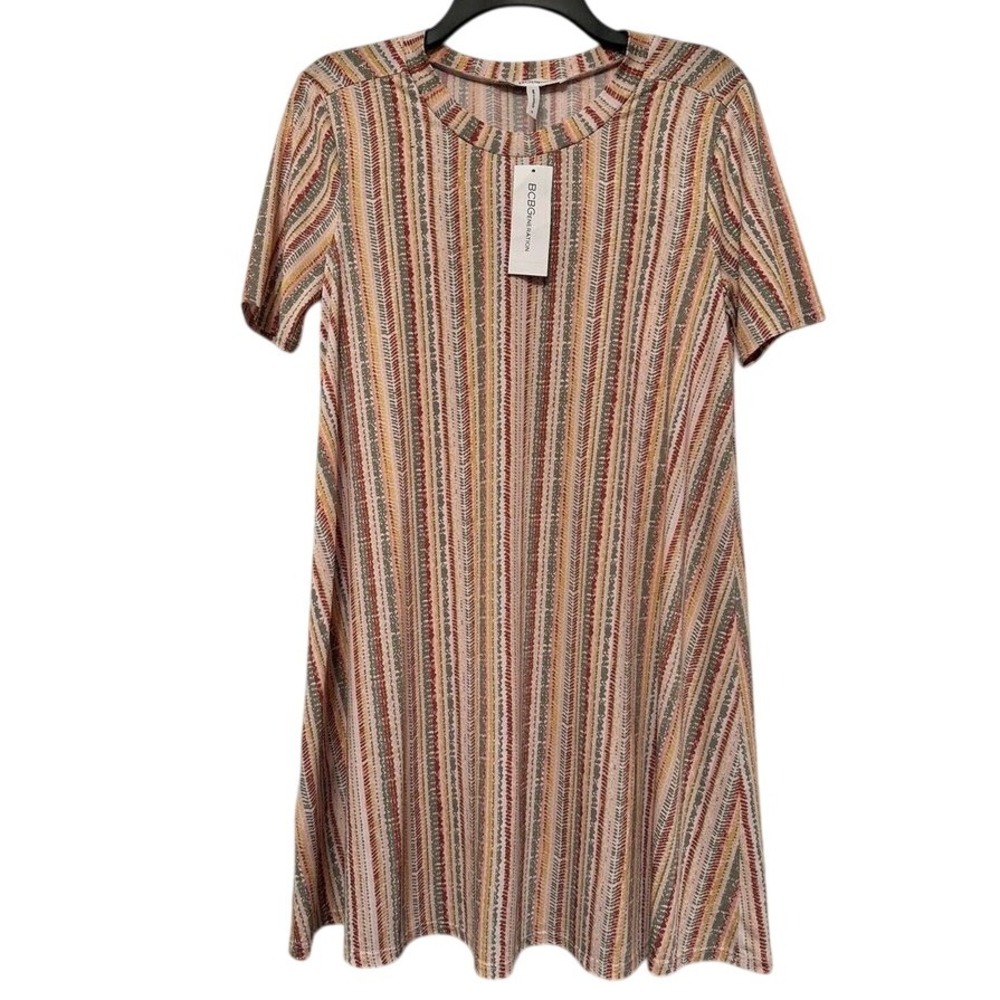 BCBGeneration Women's Striped Multicolor Short Shift Dress Small Pink Green